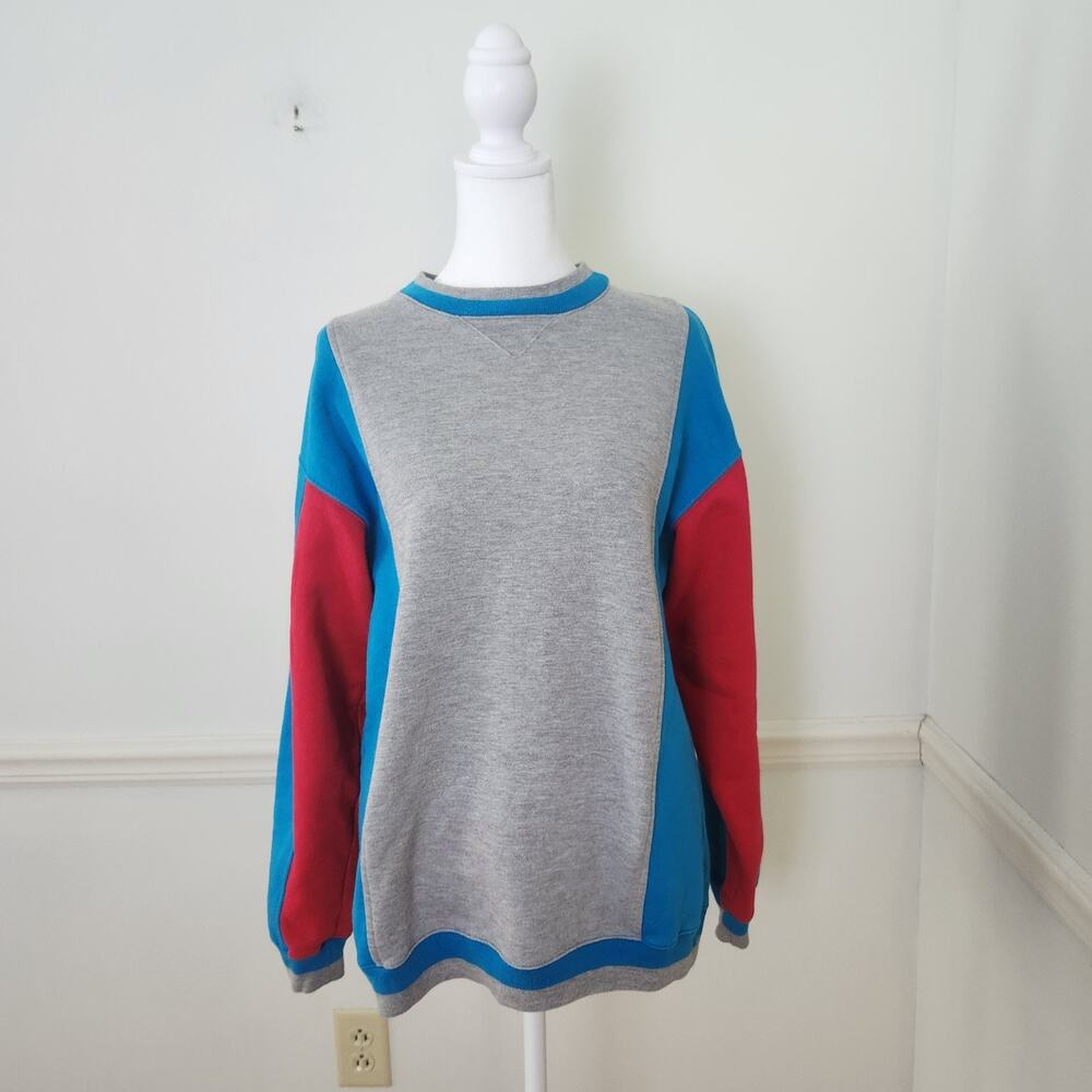 VTG 90s Sweatshirt Size Small Womens Colorblock Blue Red Gray Crewneck Casual